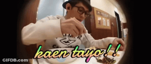 Man Sitting At Table With Plate Saying Kaen Tayo GIF