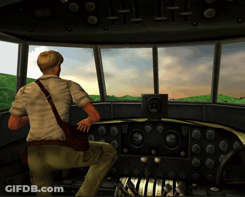 Man Sitting In Airplane Cockpit With Shoulder Bag GIF