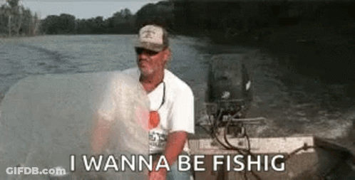 Man Sitting In Boat With I Wanna Be Fishing GIF
