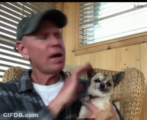 Man Sitting In Chair Holding Small Dog GIF