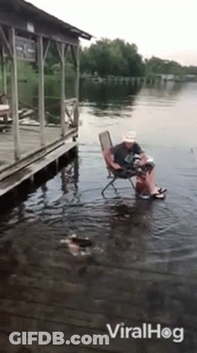 Man Sitting In Chair In Water Near Dock GIF