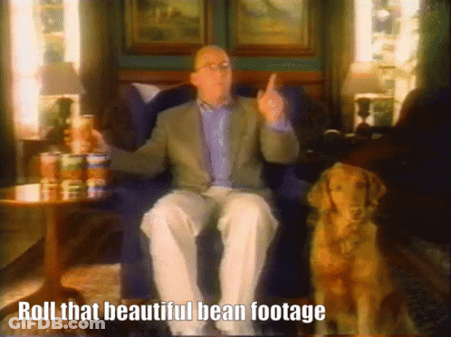 Man Sitting In Chair Next To Dog Saying Roll That Beautiful Bean Footage GIF