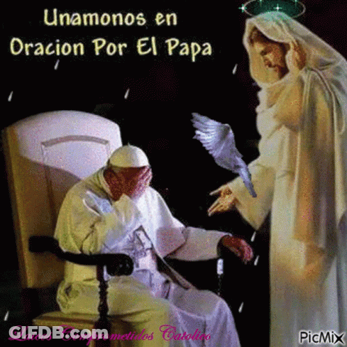 Man Sitting In Chair With Jesus Standing Next To Him Unamonos En Oracion Por El Papa GIF