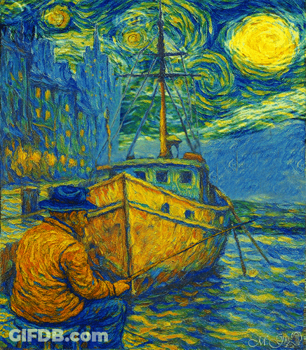 Man Sitting In Front Of Boat Starry Night GIF
