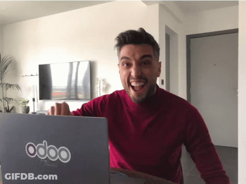 Man Sitting In Front Of Laptop Saying Odoo GIF