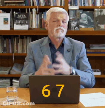 Man Sitting In Front Of Laptop With Number 67 GIF