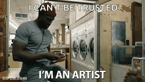 Man Sitting In Front Of Laundromat Saying I Can't Be Trusted GIF