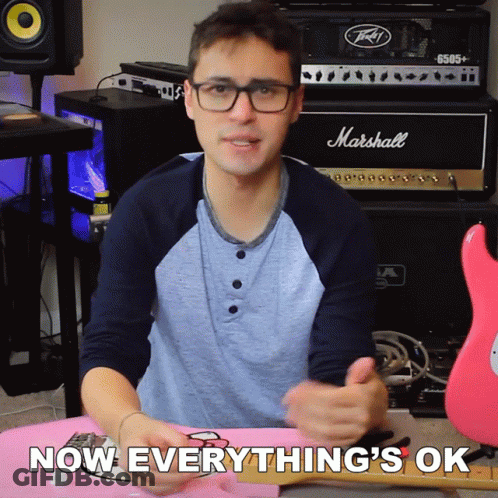 Man Sitting In Front Of Marshall Amp Says Now Everything's Ok GIF