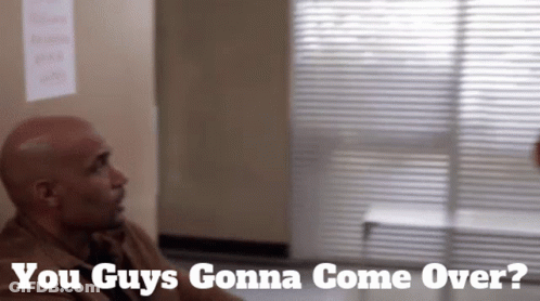 Man Sitting In Hallway With Text You Guys Gonna Come Over GIF