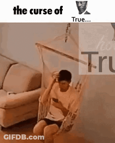 Man Sitting In Hammock Looking At Phone Saying The Curse Of True GIF