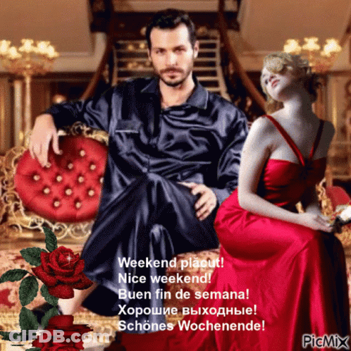 Man Sitting Next To Woman In Red Dress GIF