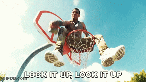 Man Sitting On Basketball Hoop Saying Lock It Up GIF