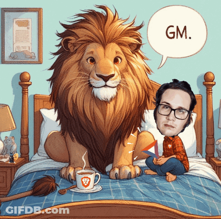 Man Sitting On Bed Next To Lion Saying GM GIF