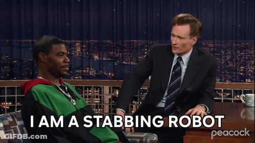 Man Sitting On Couch Saying I Am A Stabbing Robot GIF