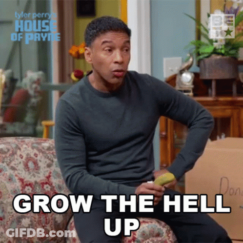 Man Sitting On Couch With Banana Saying Grow The Hell Up GIF