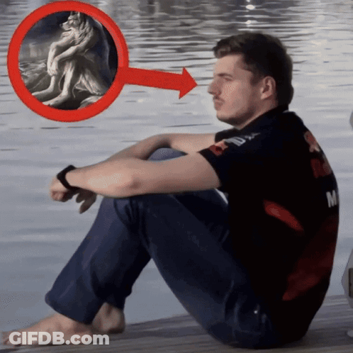 Man Sitting On Dock With Red Arrow Pointing To Wolf Painting GIF