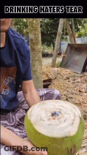 Man Sitting On Ground Holding Coconut With Drinking Haters Tear GIF