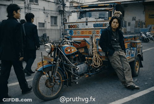 Man Sitting On Motorcycle In Front Of Goods Truck GIF