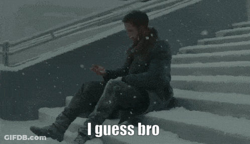 Man Sitting On Snowy Stairs Saying I Guess Bro GIF