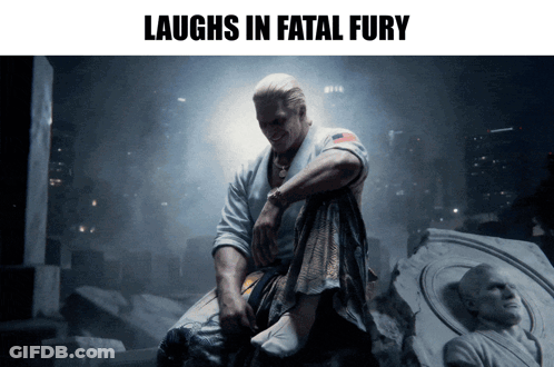 Man Sitting On Statue Laughs In Fatal Fury GIF