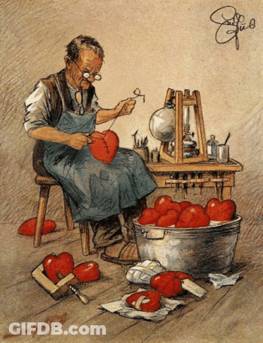 Man Sitting On Stool Sewing Heart With Letters E And G GIF