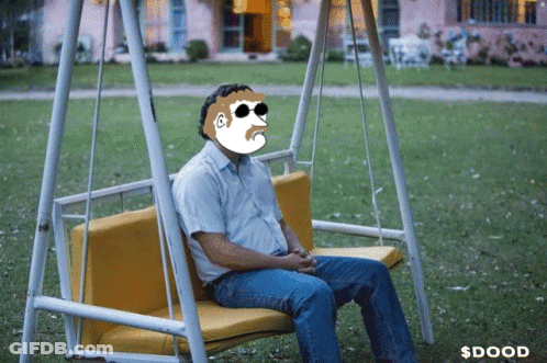 Man Sitting On Swing With Cartoon Face GIF