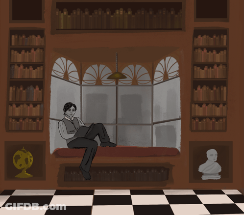 Man Sitting On Window Sill Reading Book GIF