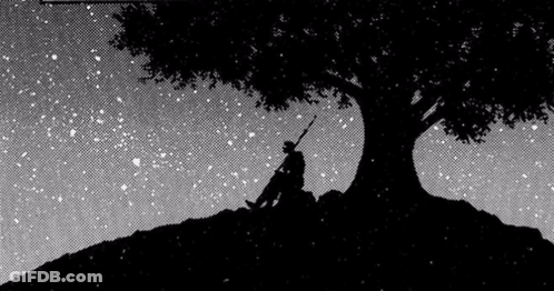 Man Sitting Under Tree On Hill With Sword GIF
