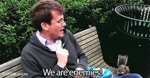 Man Sitting With Squirrel Saying We Are Enemies GIF
