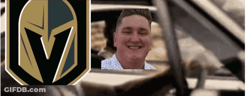 Man Smiling In Car With Golden Knights Logo GIF