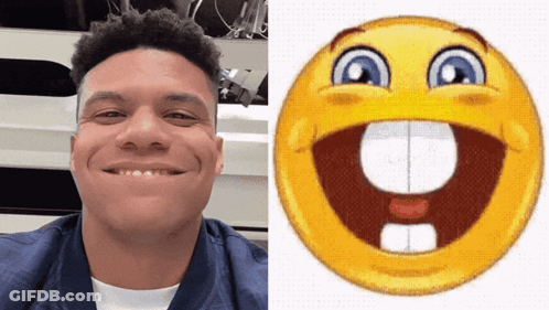 Man Smiling Next To Smiley Face With Big Mouth GIF
