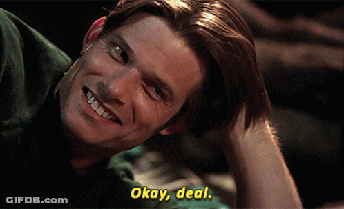 Man Smiling Saying Okay Deal In Yellow Letters GIF