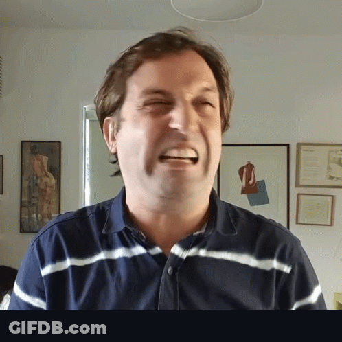 Man Smiling With Eyes Closed In Blue And White Striped Shirt GIF