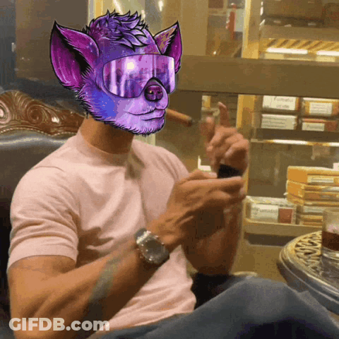 Man Smoking Cigar With Purple Cat Mask GIF