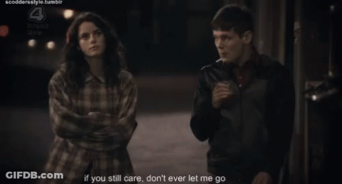 Man Smoking Cigarette Next To Woman Saying If You Still Care Don't Ever Let Me Go GIF