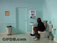 Man Squatting On Toilet In Blue Bathroom GIF