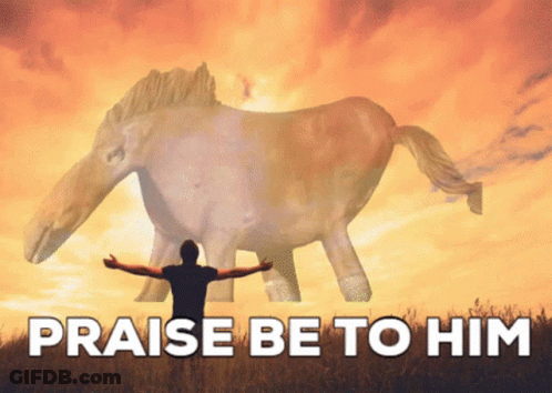 Man Standing Before Giant Horse Saying Praise Be To Him GIF