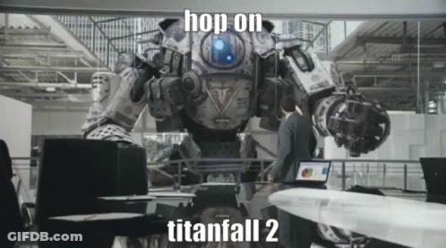 Man Standing Before Robot Saying Hop On Titanfall 2 GIF