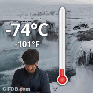 Man Standing By Waterfall With Thermometer 74°F GIF