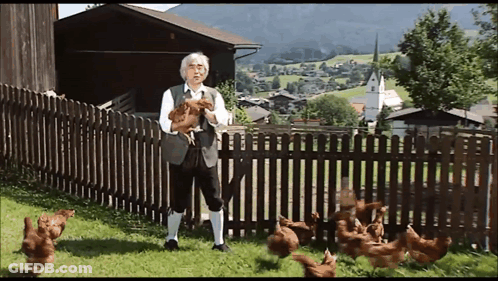 Man Standing By Wooden Fence With Chickens GIF