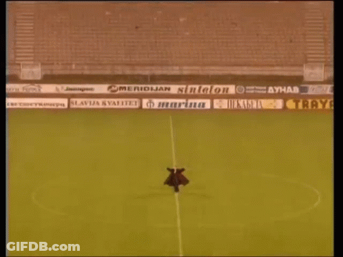 Man Standing In Empty Soccer Stadium With Ads GIF