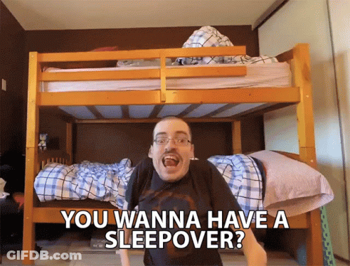 Man Standing In Front Of Bunk Bed With Sleepover Words GIF