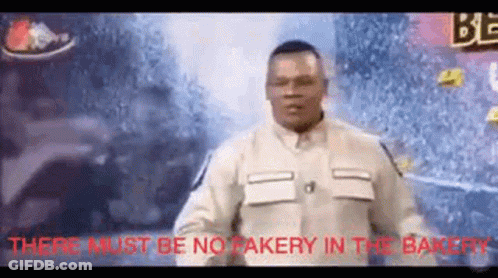 Man Standing In Front Of Crowd Sign No Fakery In The Bakery GIF