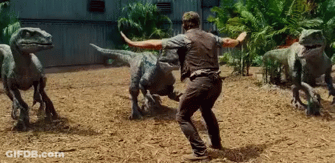 Man Standing In Front Of Dinosaurs GIF