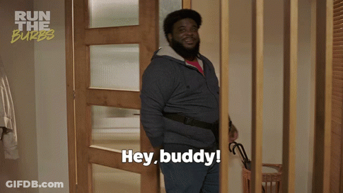 Man Standing In Front Of Door Saying Hey Buddy GIF