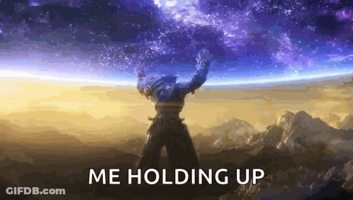 Man Standing In Front Of Galaxy With Arms Up Saying Me Holding Up GIF