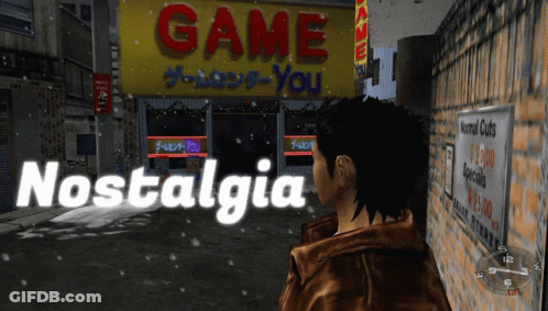 Man Standing In Front Of Game Center Saying Nostalgia GIF