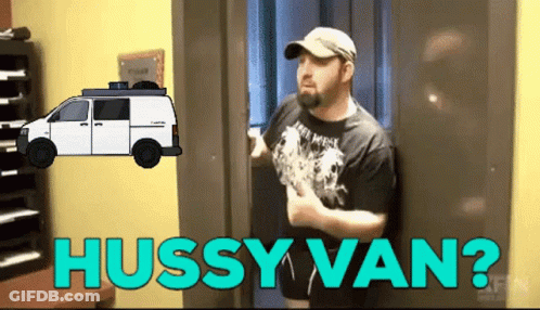Man Standing In Front Of Hussy Van GIF