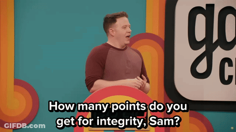 Man Standing In Front Of Sign How Many Points Do You Get For Integrity GIF