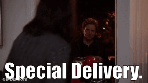 Man Standing In Front Of Special Delivery Door GIF